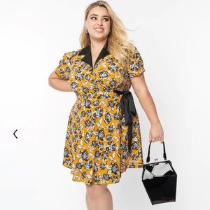 NWT Unique Vintage Orange & Black Floral Wrap Dress 1X 16